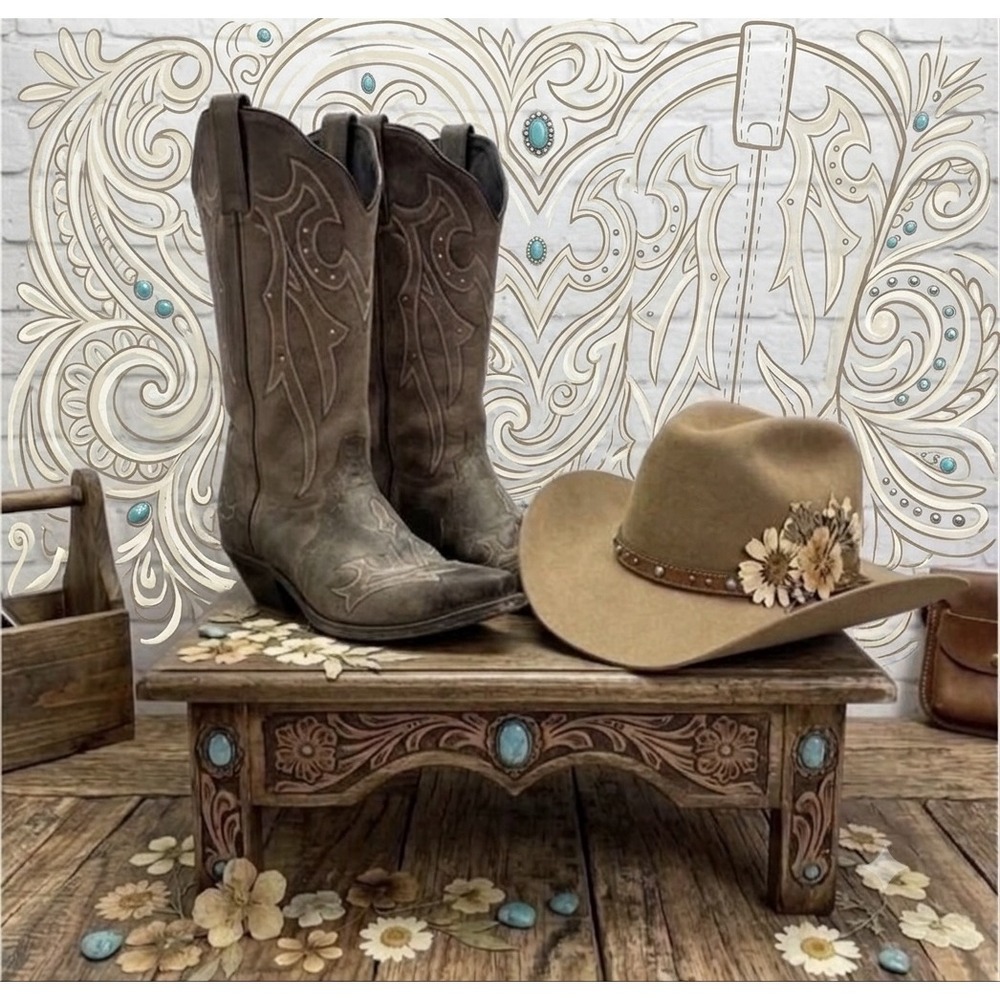 Rockn Country🖤🤠🤎Embroidery Leather Studded Western Cowboy Festival‎ Boot 8.5